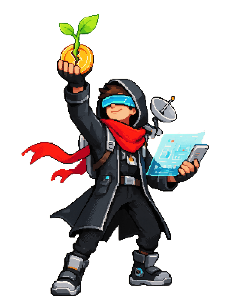 Pixel art courier in a hooded cloak and red scarf, cradling a sapling growing from a coin